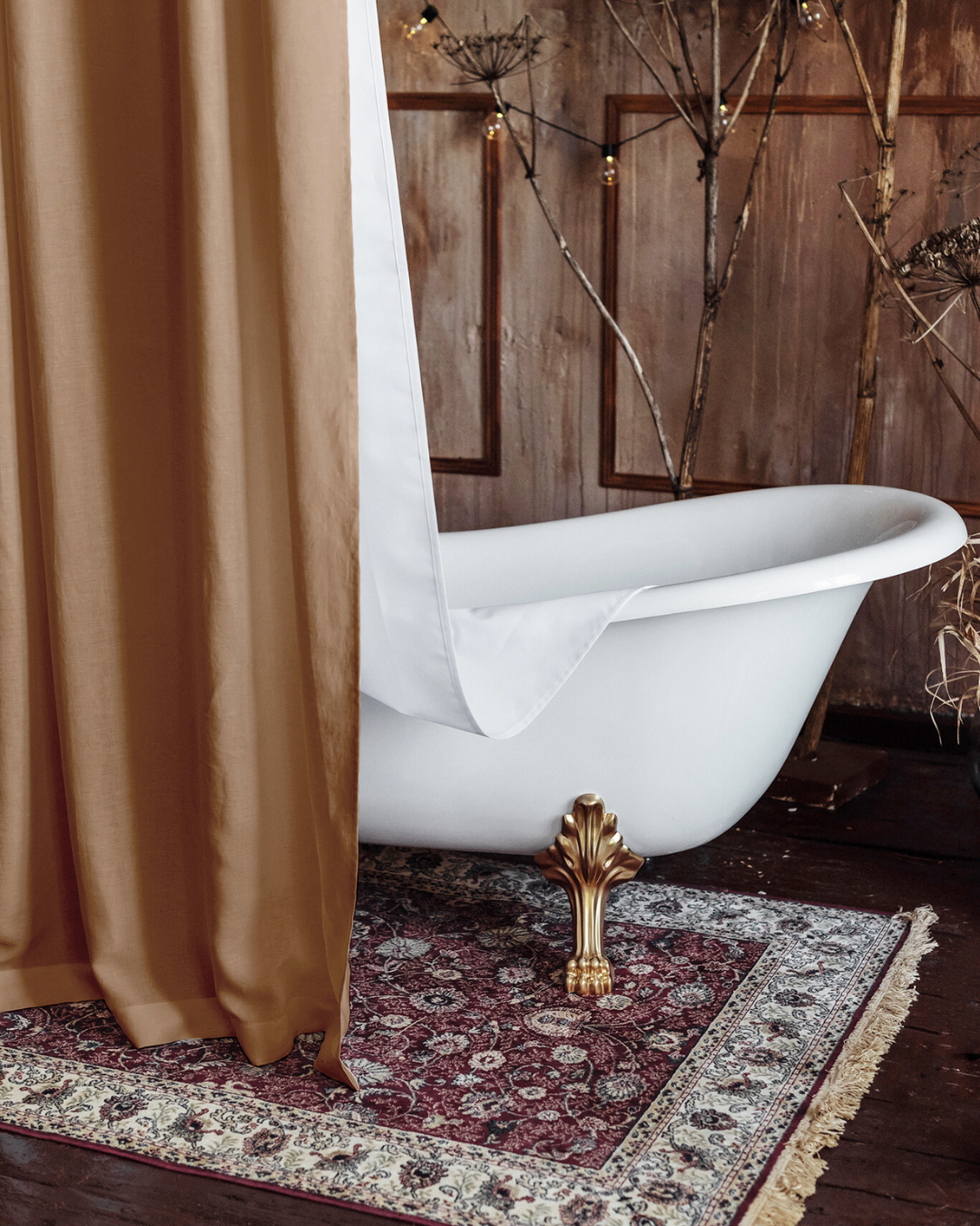 Bathroom decore with DustyLinen camel brown custom shower curtain.