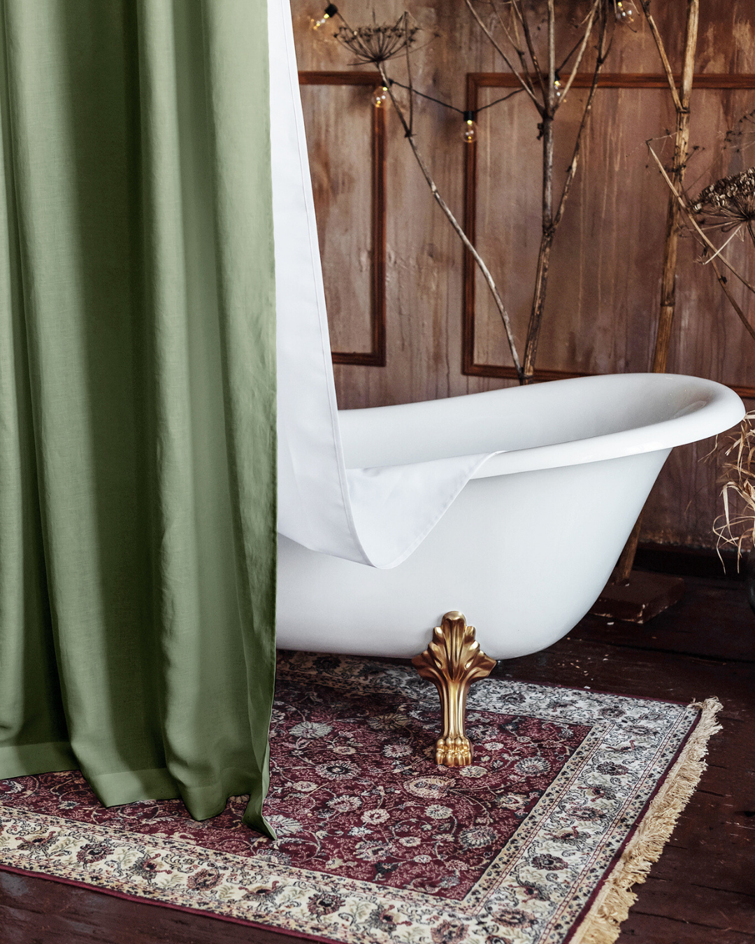 Bathroom decore with DustyLinen khaki green custom shower curtain.