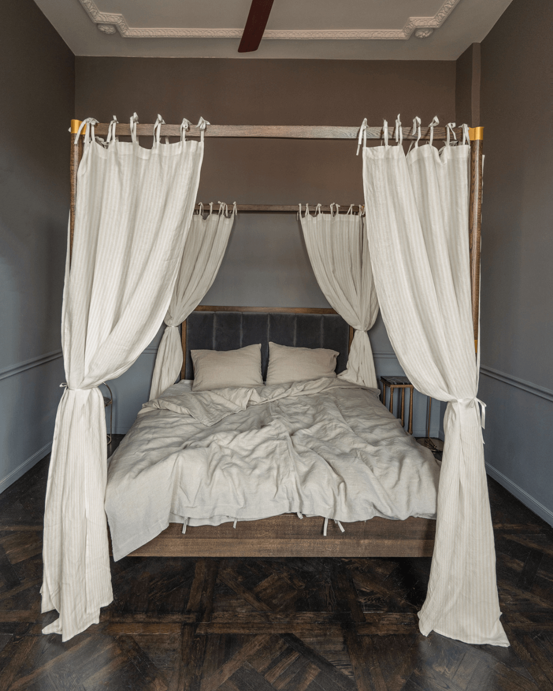 Canopy bed linen curtains with ties in Striped Natural color DustyLinen Brand