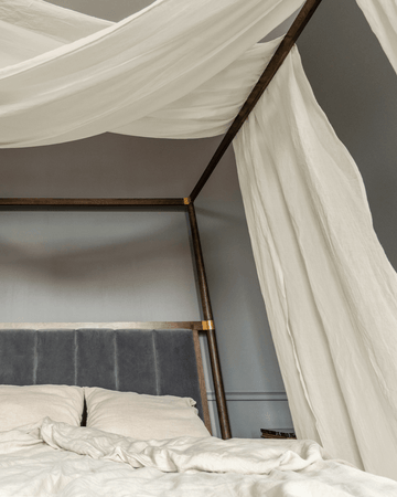 a bed with a white canopy over it