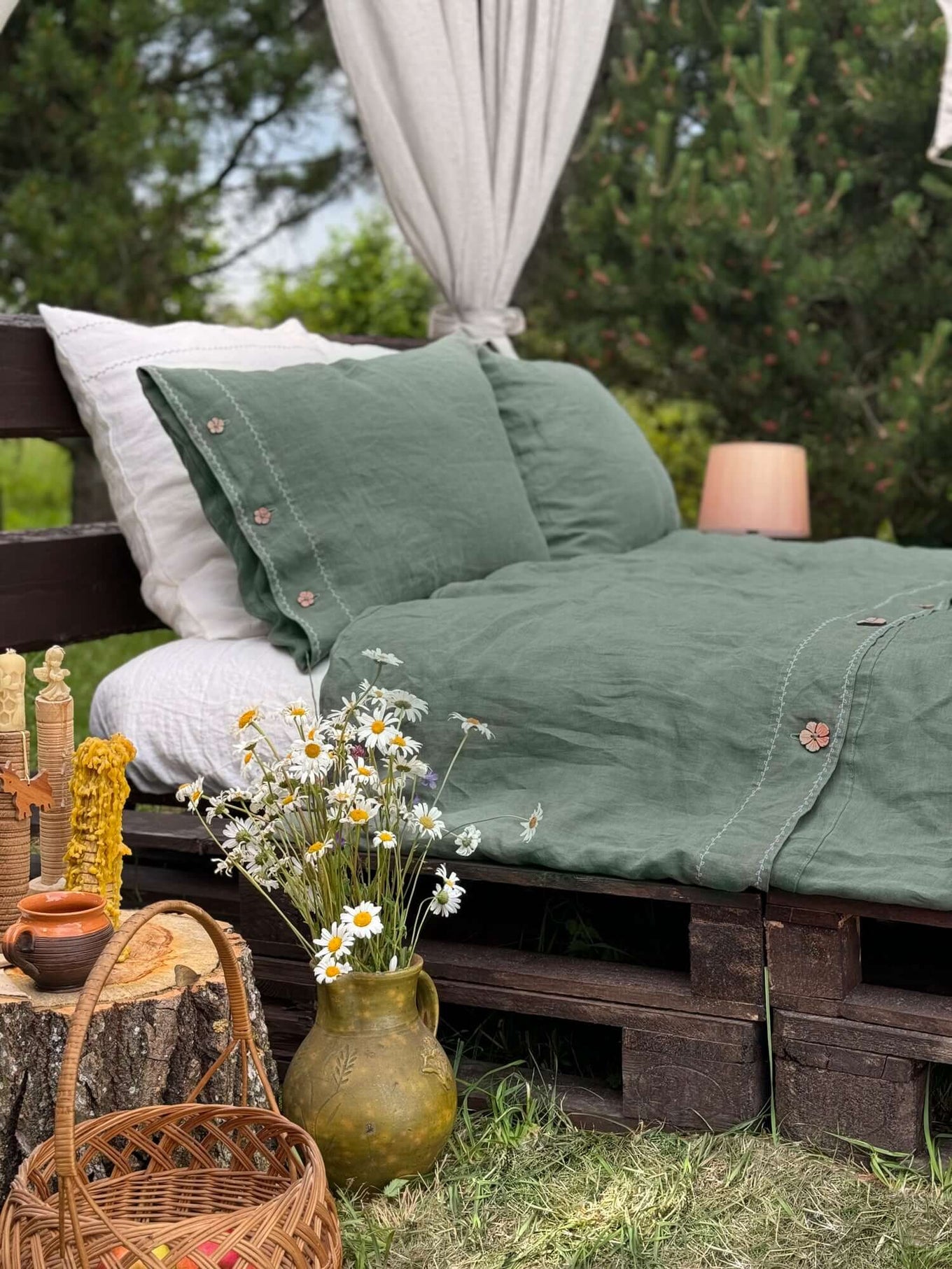White embroidered linen bedding set EU, UK, US size, duvet cover front view