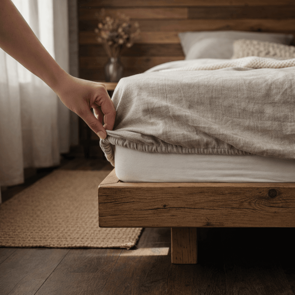 Linen fitted sheet on bed, natural tone, corner fitted detail