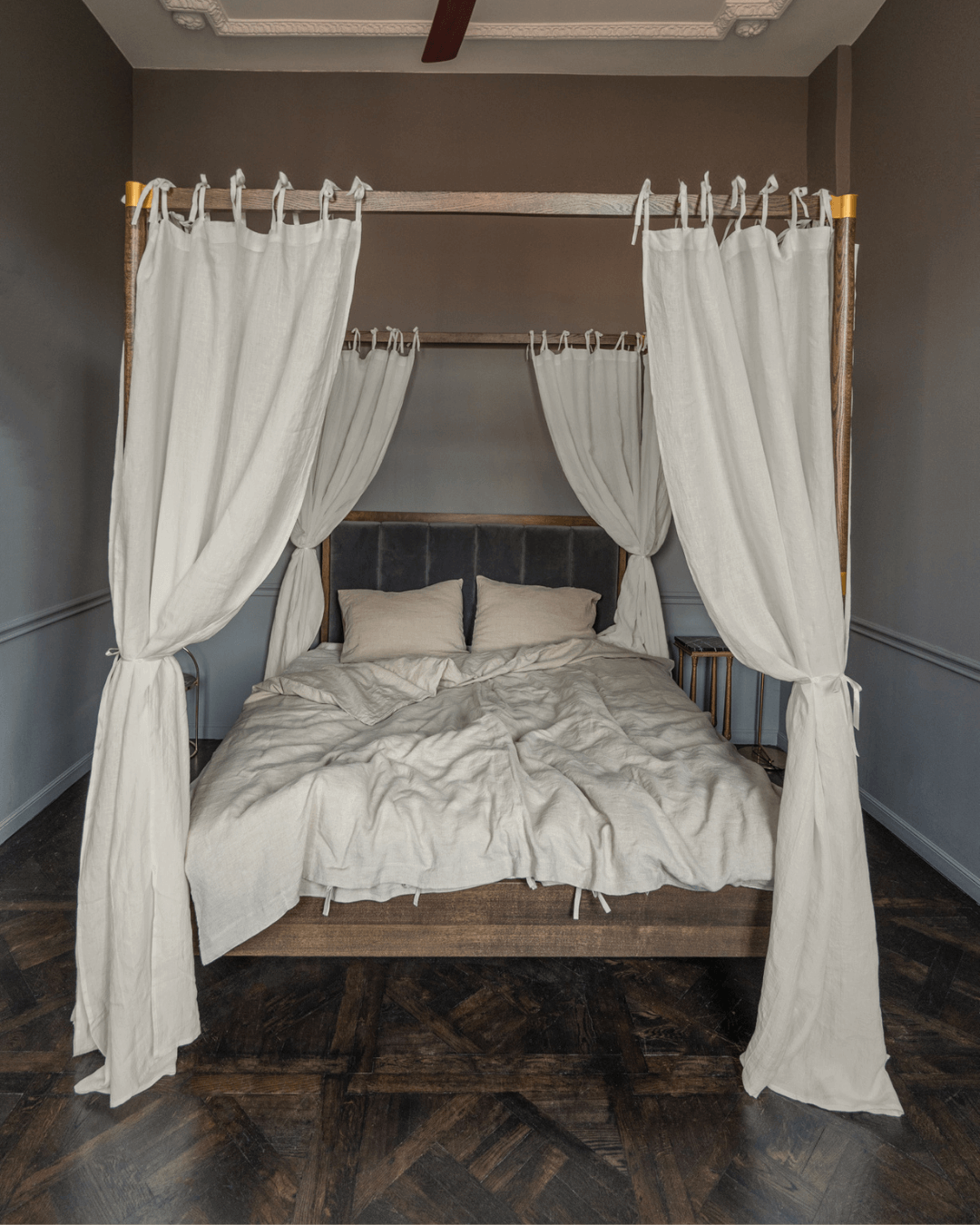 Canopy bed linen curtains with ties in Natural Light color (175 g/m2 density)-Dusty Linen-#original_alt_text#-