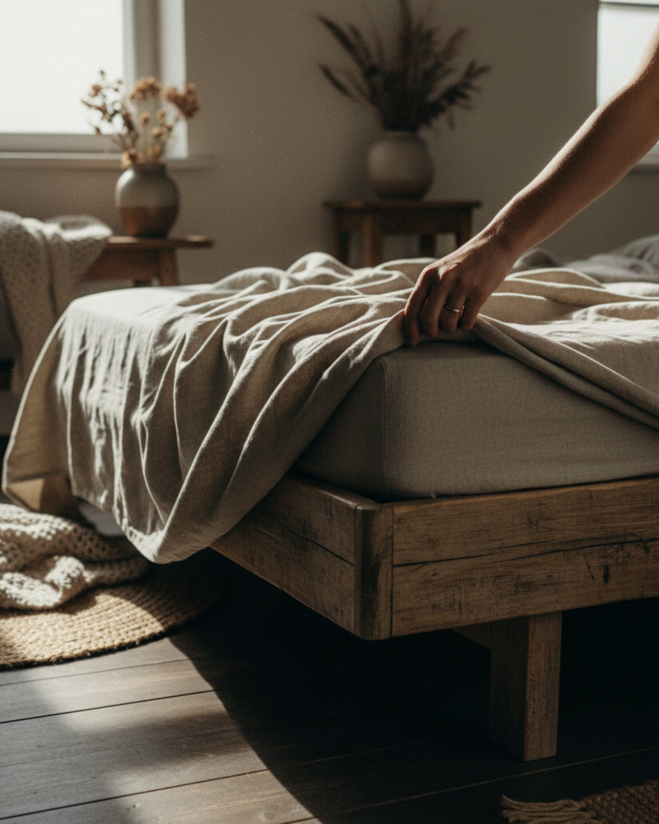 Linen flat sheet with no middle seam on bed, natural tone, top view