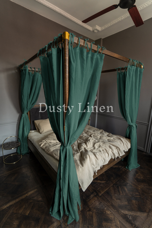 Canopy bed linen curtains with ties in Emerald Green color Dusty Linen