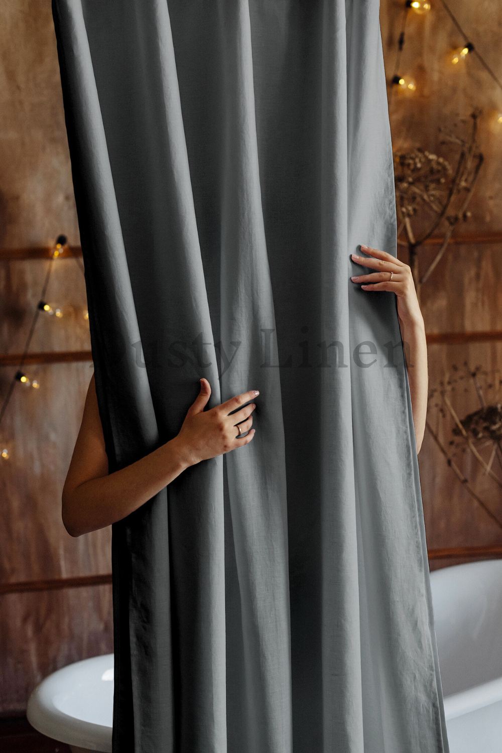 Best housewarming gift - Bathroom decoration with Dusty Linen gray color bathroom shower drape