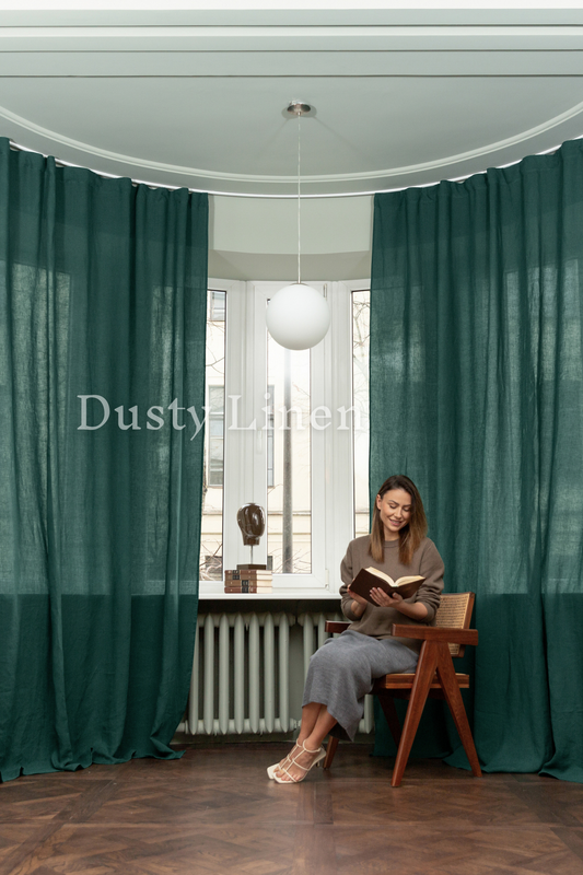 100% Linen Curtains - Emerald green. Dusty linen