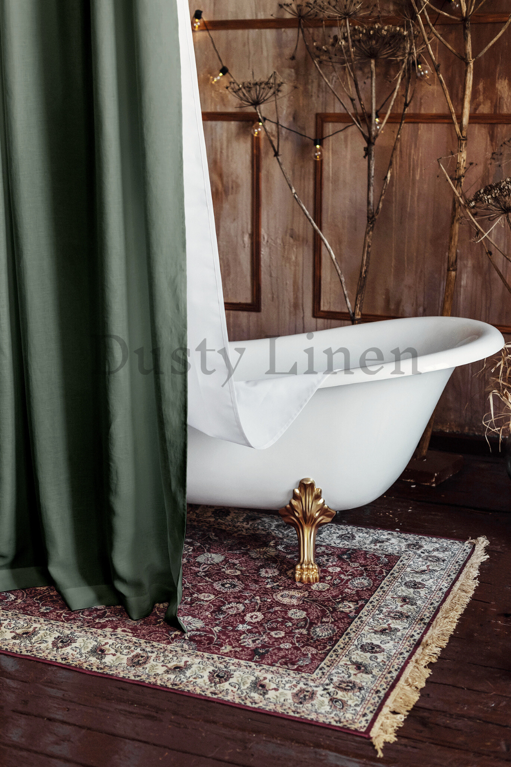 Bathroom decore with DustyLinen green custom shower curtain.