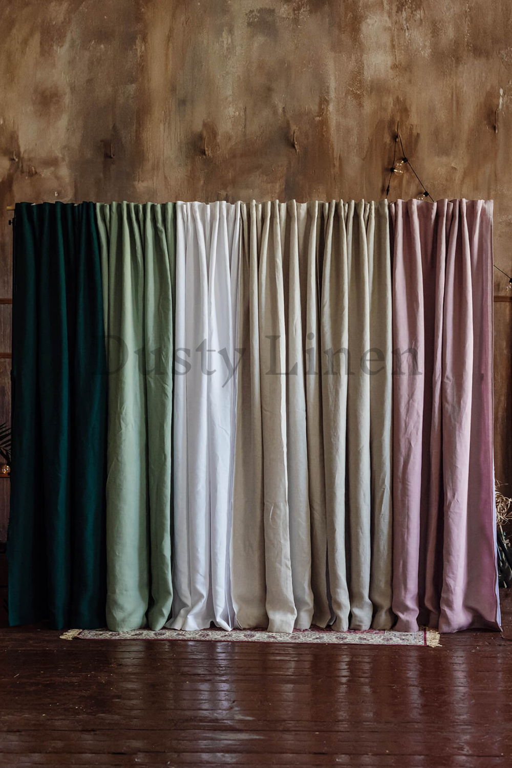 Luxury shower curtain in green, rose, brown, white, natural, beige.