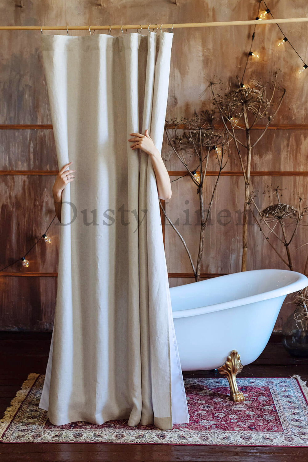 Best housewarming gift - Bathroom decoration with Dusty Linen natural light bathroom shower drape