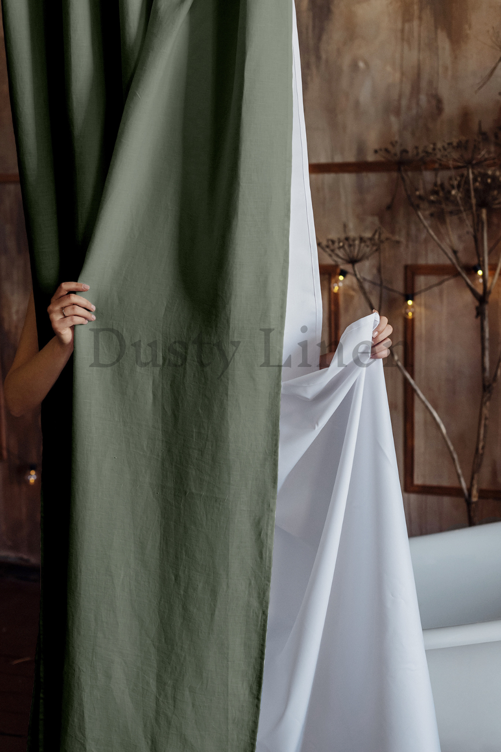 Rustic style a bathroom with a bathtub and a elegant shower curtain in green color