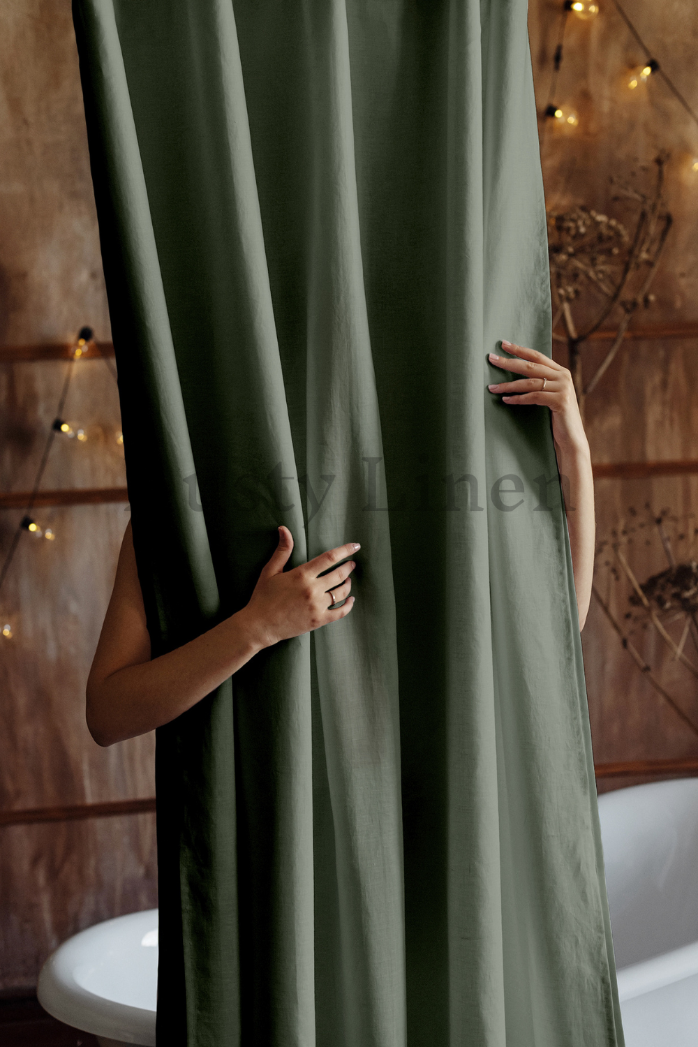 Best housewarming gift - Bathroom decoration with Dusty Linen green bathroom shower drape