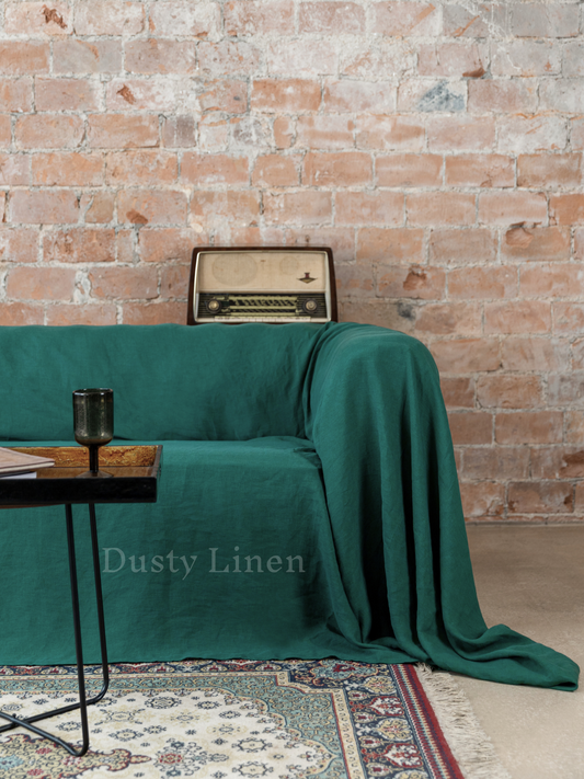 Seamless Linen Couch Cover - Emerald green. Dusty linen