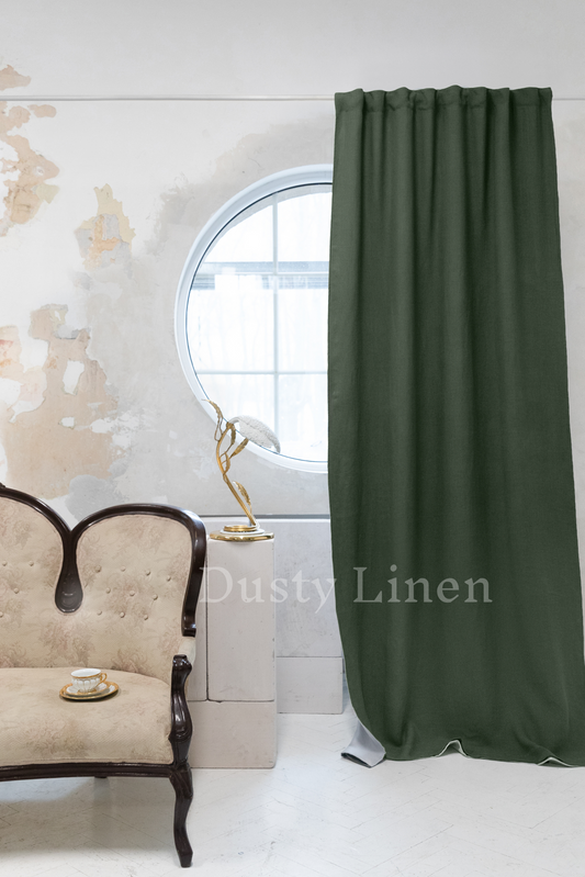 Safari Green color Linen Blackout Curtains - DustyLinen