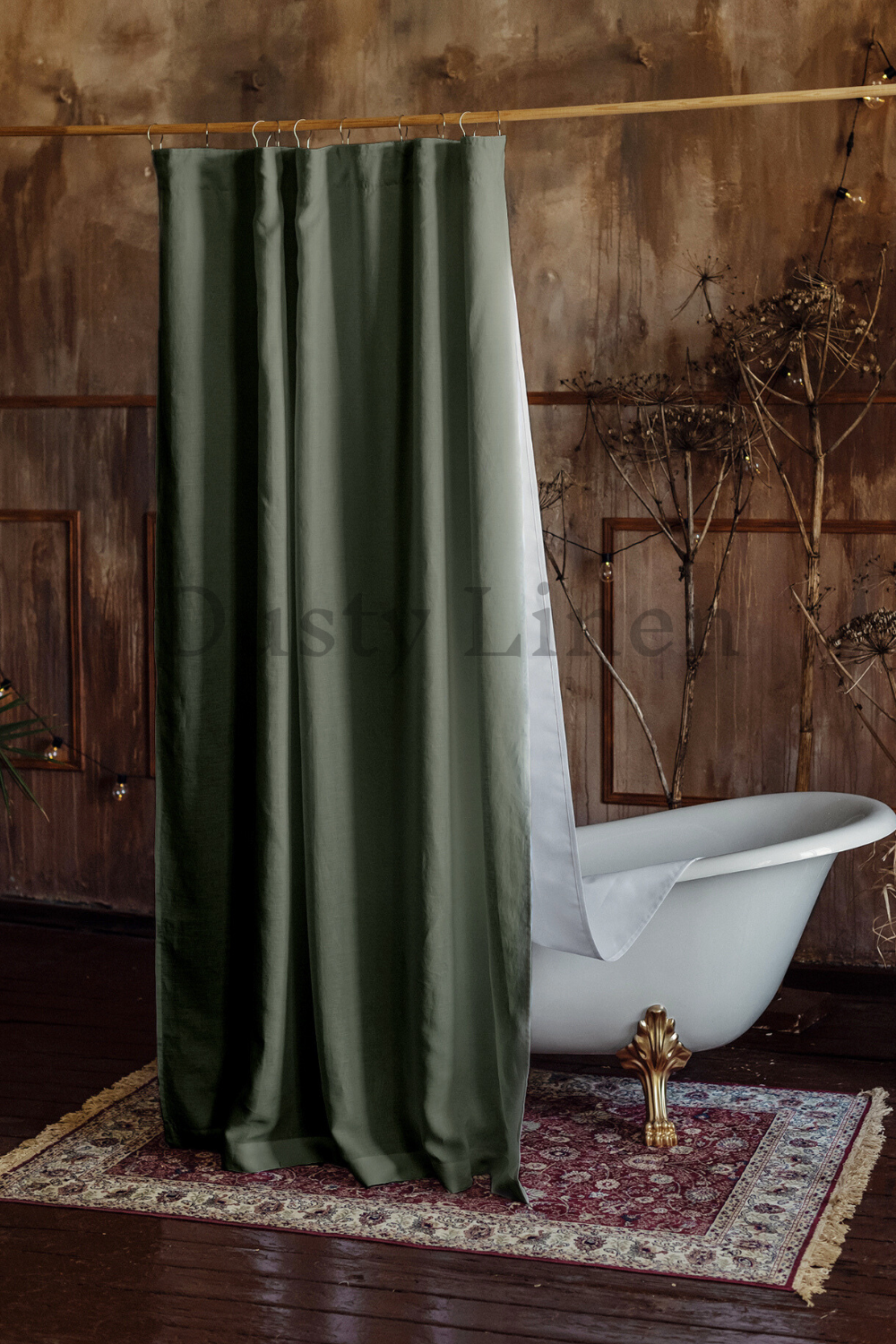 Dusty Linen made best selling green color linen bath curtain for rustic interior