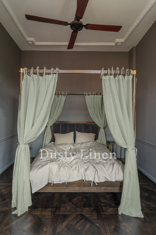 Canopy bed linen curtains with ties in Sage Green color Dusty Linen Brand