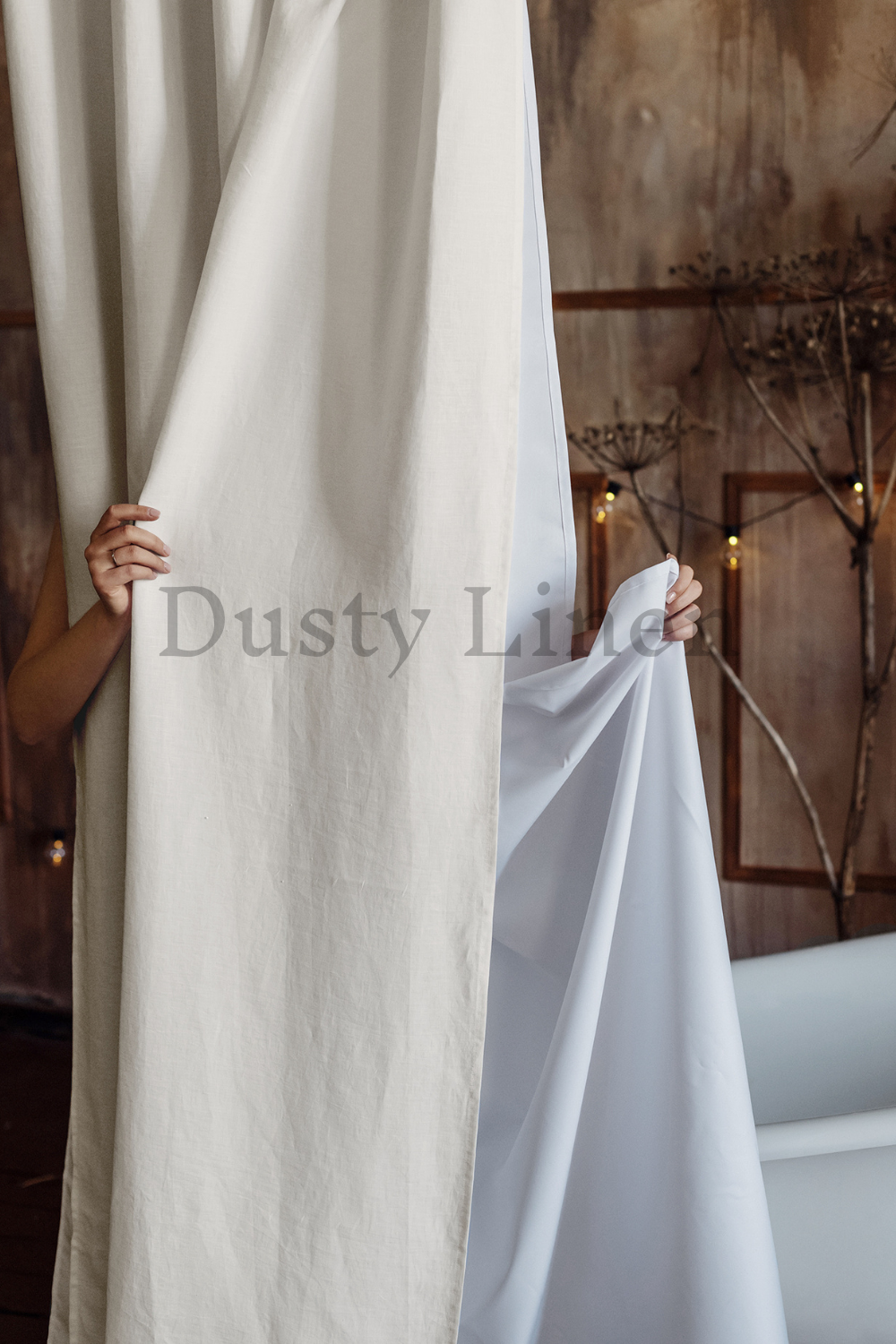 Rustic style a bathroom with a bathtub and a elegant shower curtain in Cream.