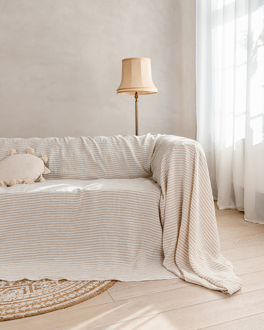 100% Linen couch cover | Striped Natural color 