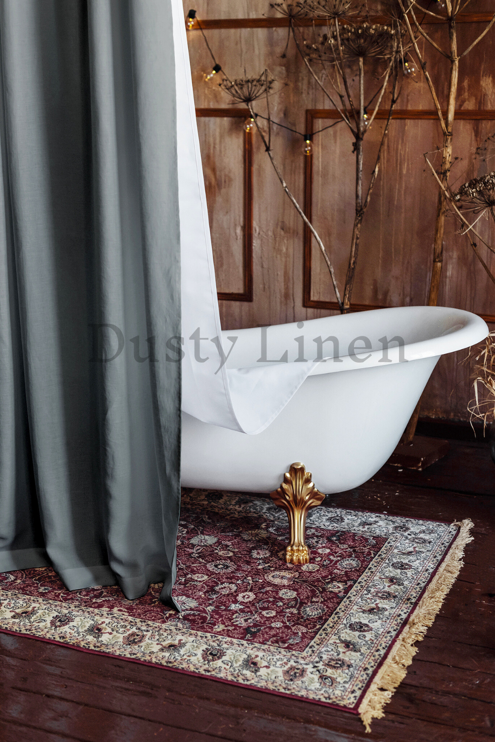 Bathroom decore with DustyLinen gray color custom shower curtain.