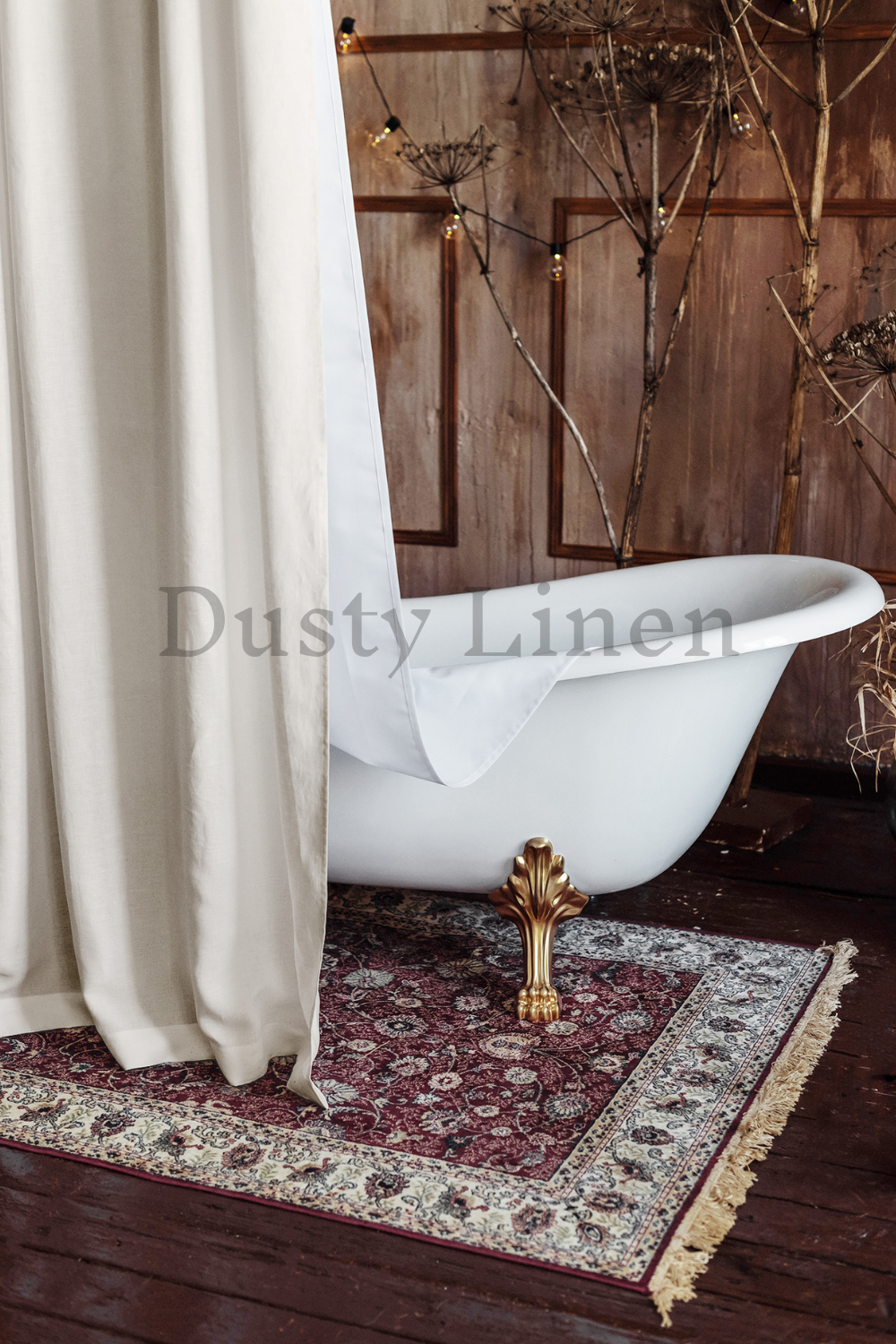 Bathroom decore with DustyLinen Cream color custom shower curtain.