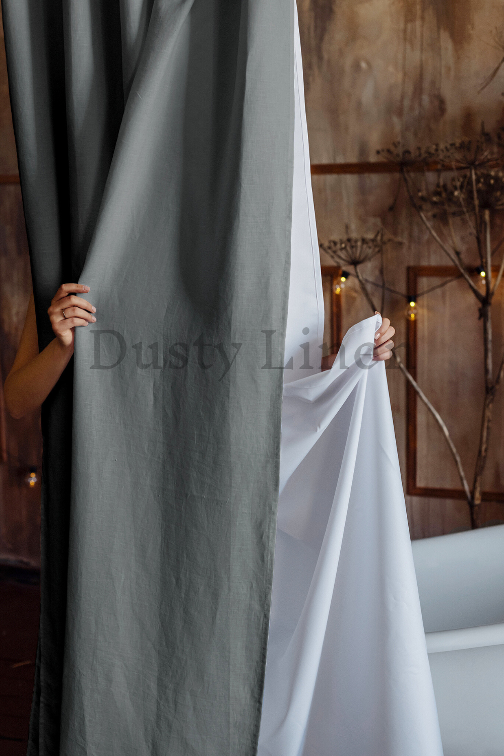 Minimalist style a bathroom with a bathtub and a elegant shower curtain in gray.