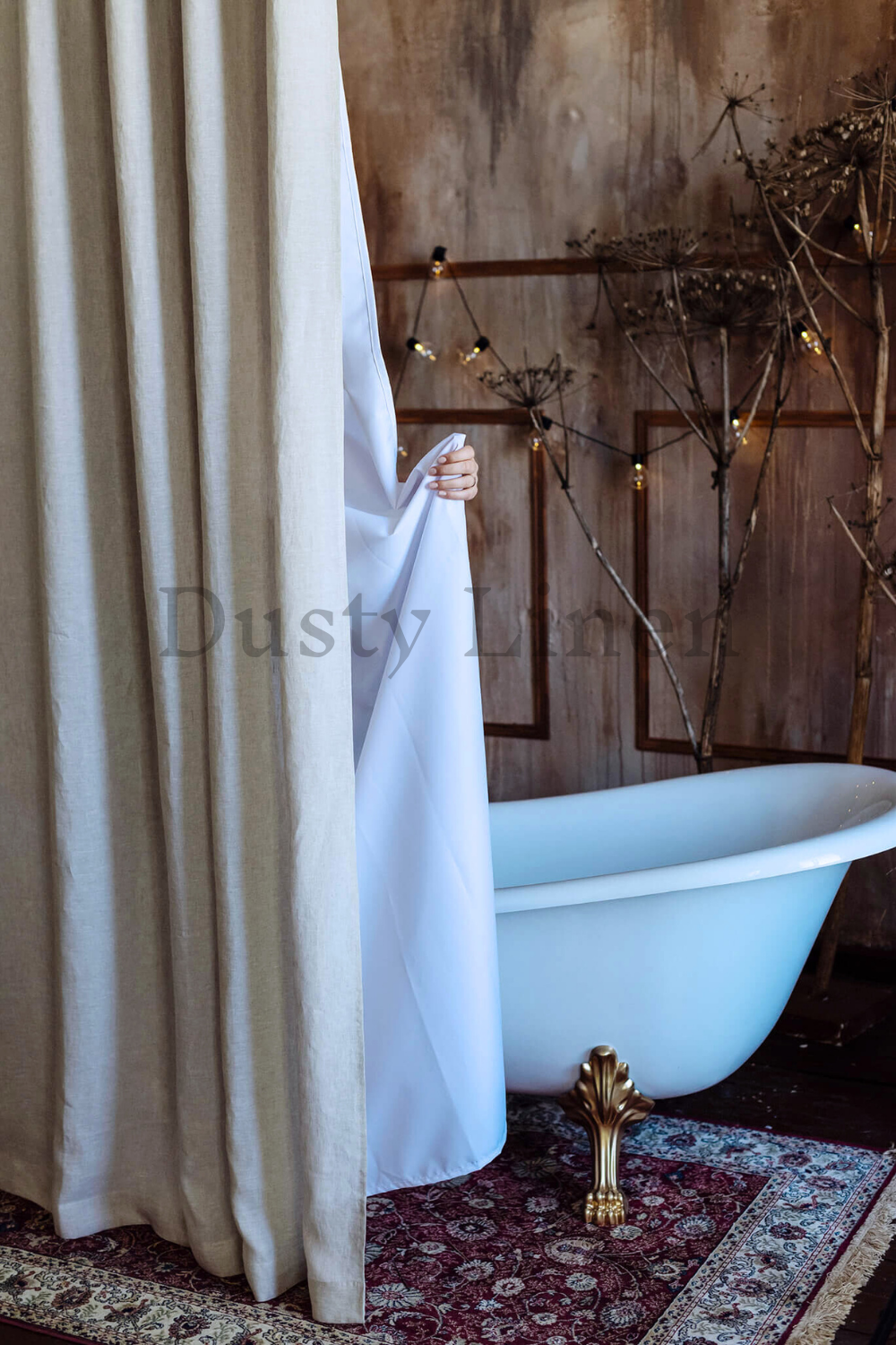 Natural Light country style linen drapery - bathroom panel - bath curtain