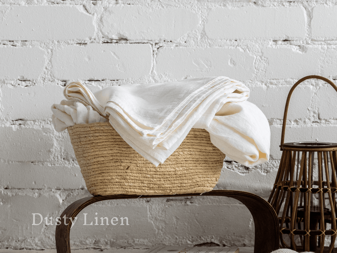 Linen bedding folded after washing, care guide for softened European linen
