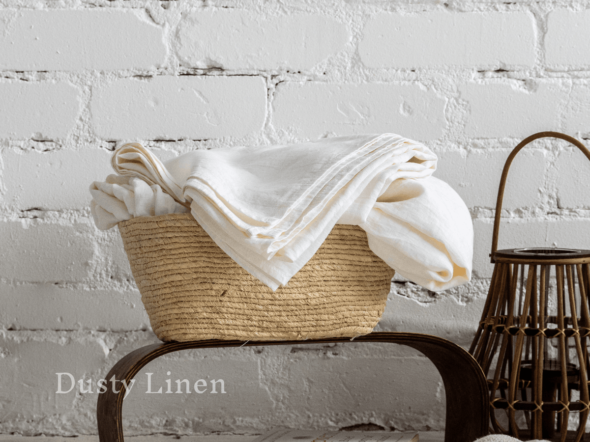 Linen bedding folded after washing, care guide for softened European linen