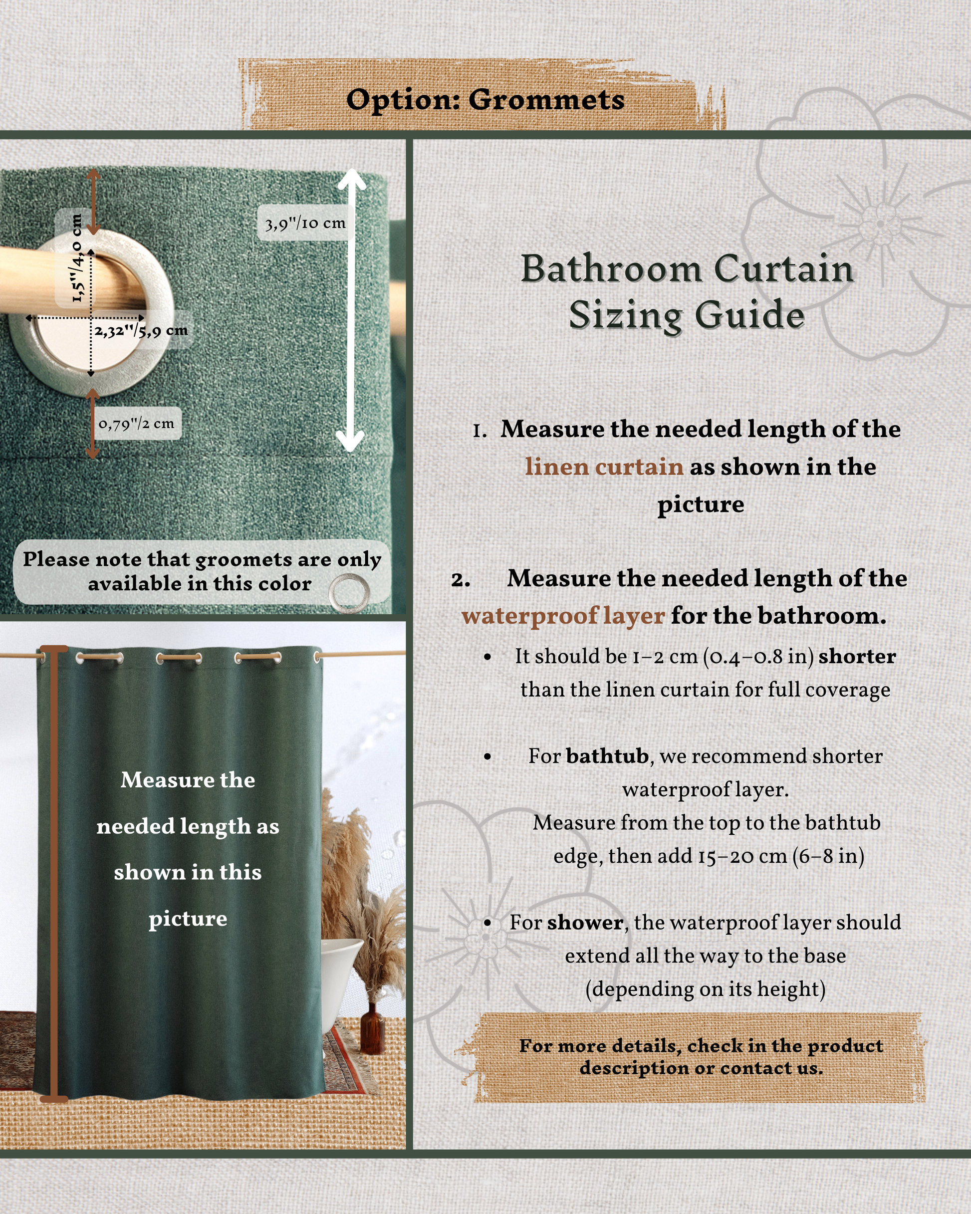 a bathroom curtain sizing guide with instructions