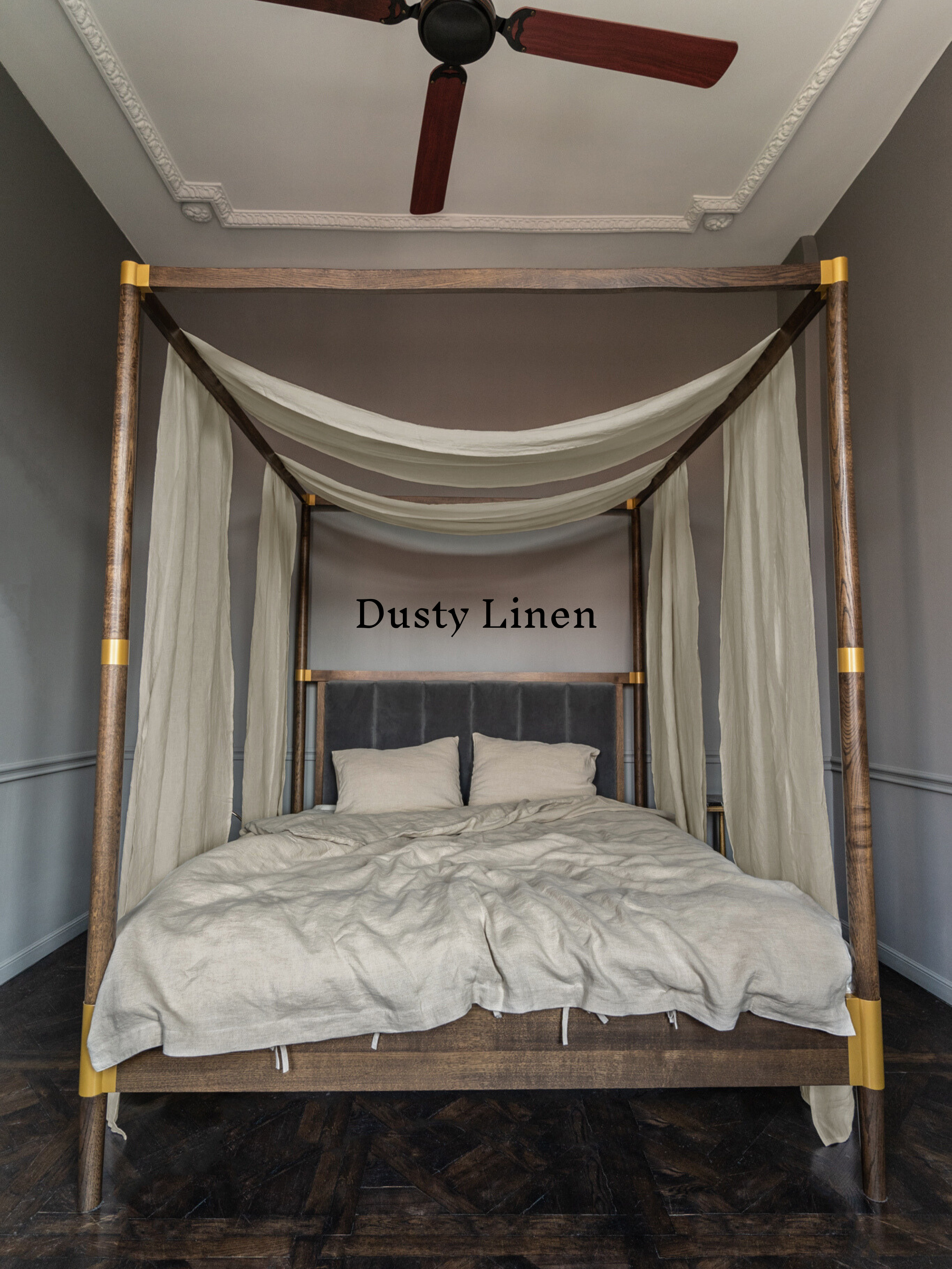 a four poster bed with a white canopy