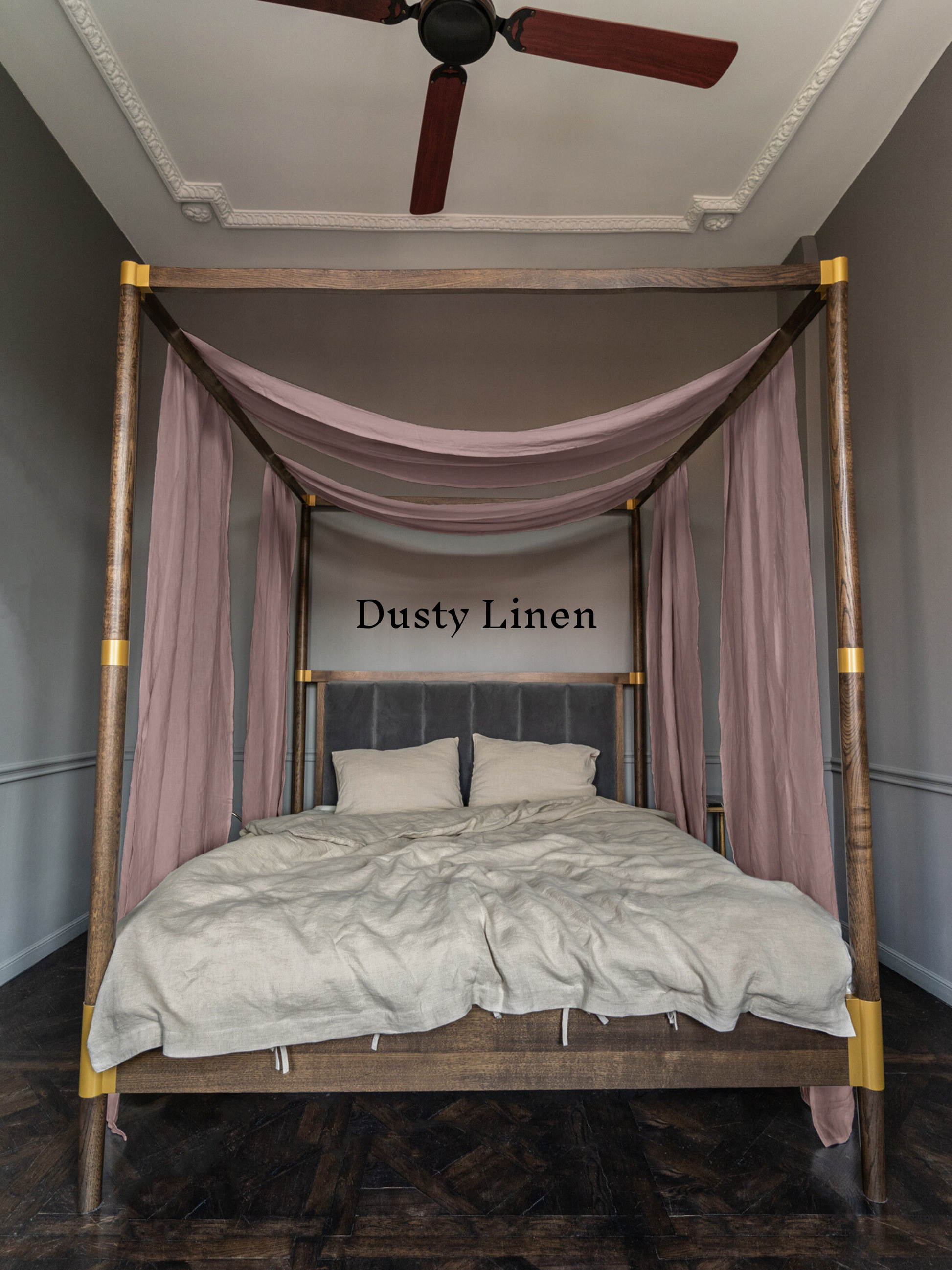 a four poster bed with a pink canopy