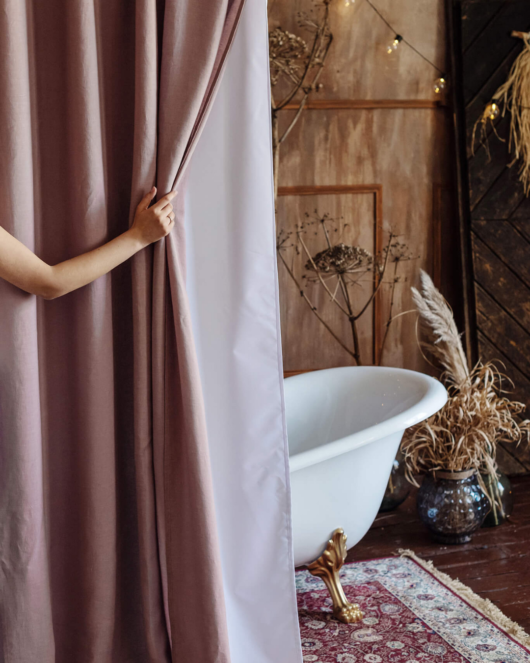 Bathroom decore with DustyLinen dusty color custom shower curtain.