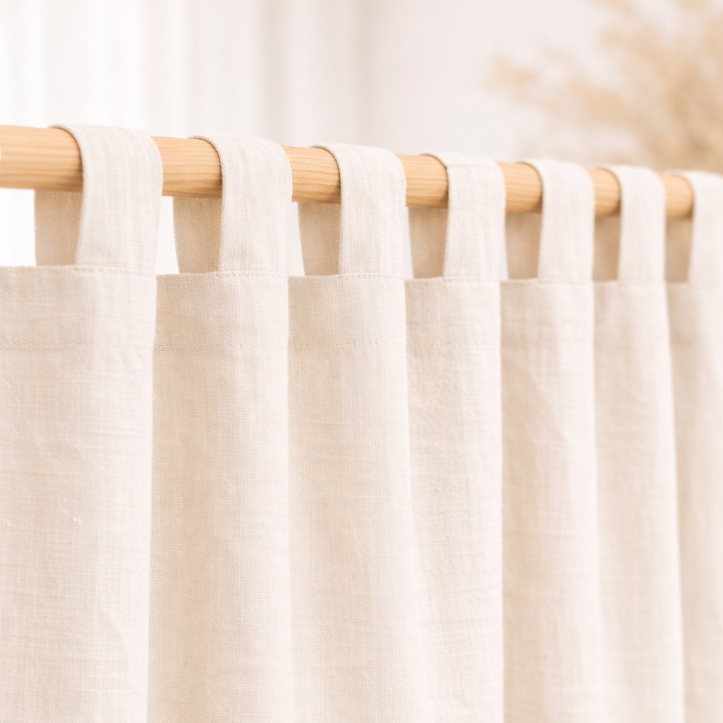 Beige linen curtains with wooden rod on a neutral background