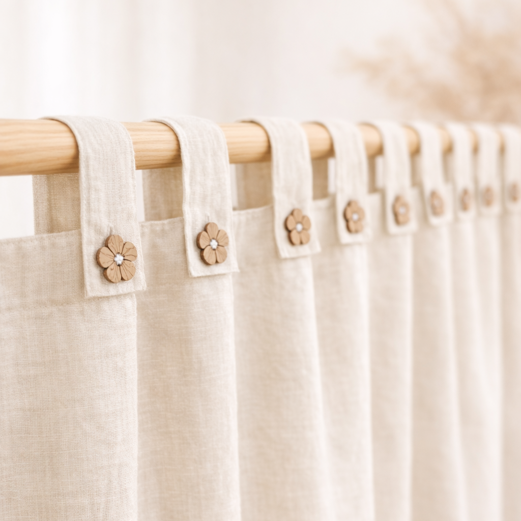 Beige linen curtains with floral tiebacks on a wooden rod against a white background