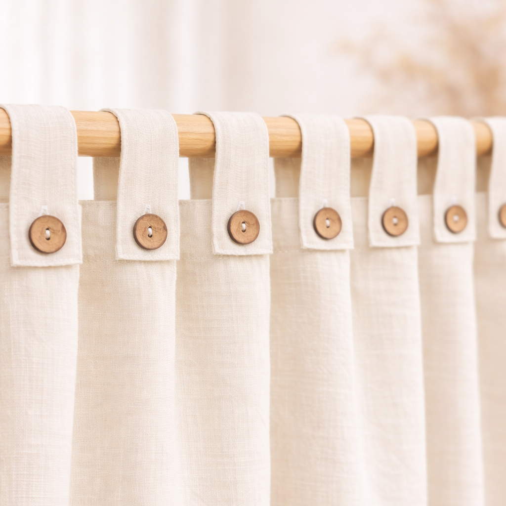 Beige linen curtains with wooden buttons on a wooden rod