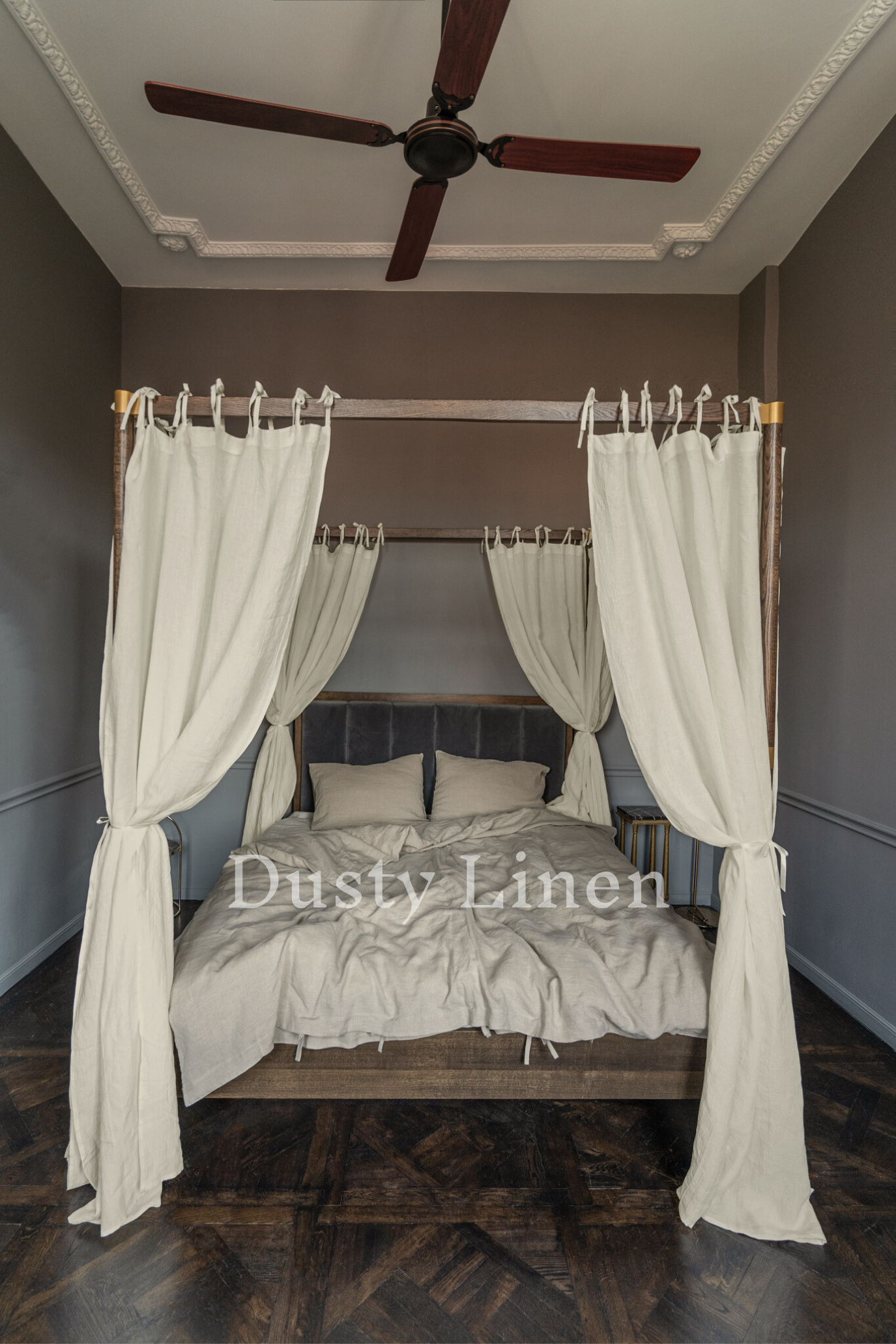 Canopy bed linen curtains with ties in Cream color-Dusty Linen-#original_alt_text#-