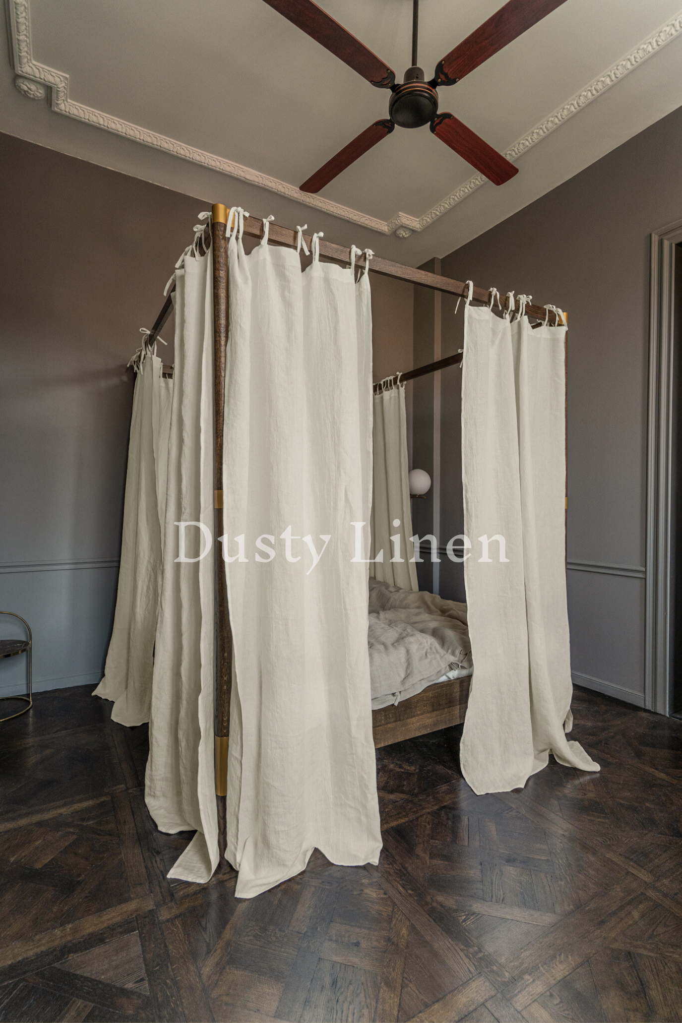 Canopy bed linen curtains with ties in Cream color-Dusty Linen-#original_alt_text#-