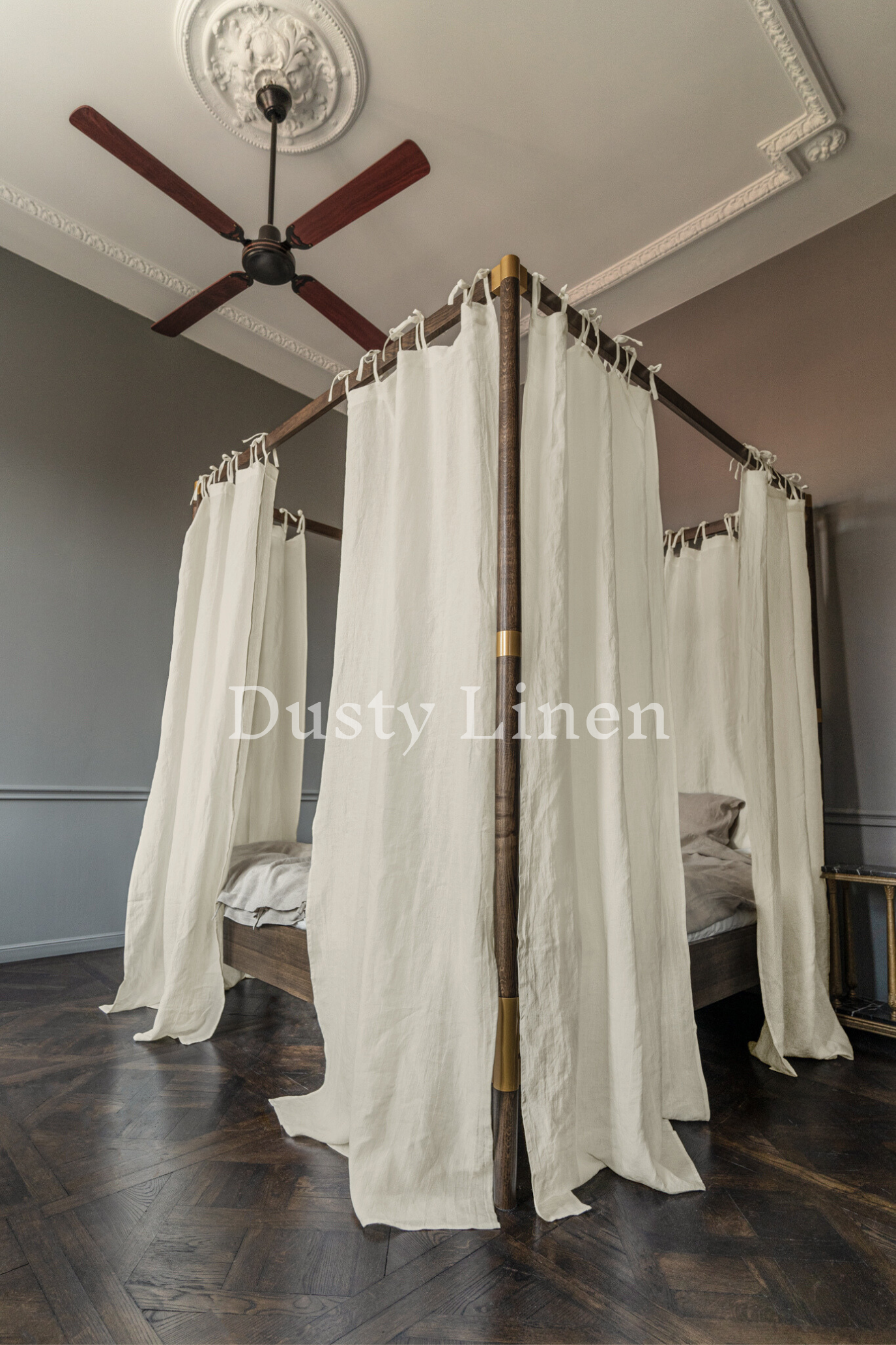 Canopy bed linen curtains with ties in Cream color-Dusty Linen-#original_alt_text#-
