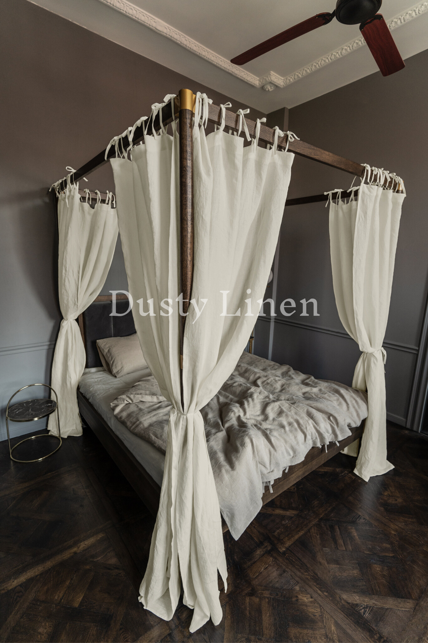 Canopy bed linen curtains with ties in Cream color-Dusty Linen-#original_alt_text#-