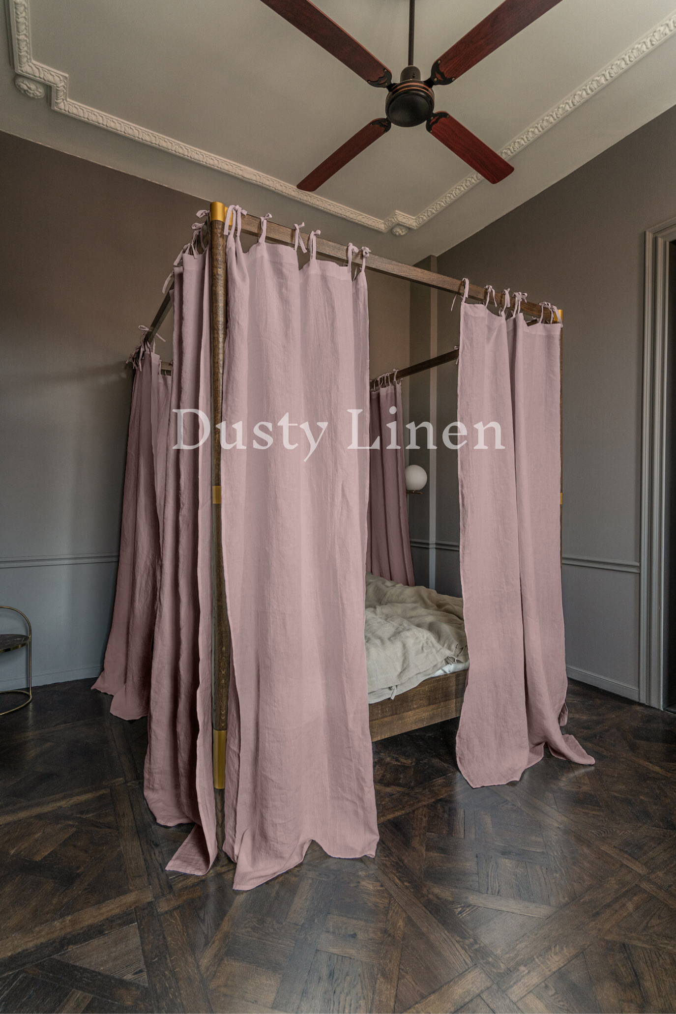 Canopy bed linen curtains with ties in Dusty Rose color-Dusty Linen-#original_alt_text#-