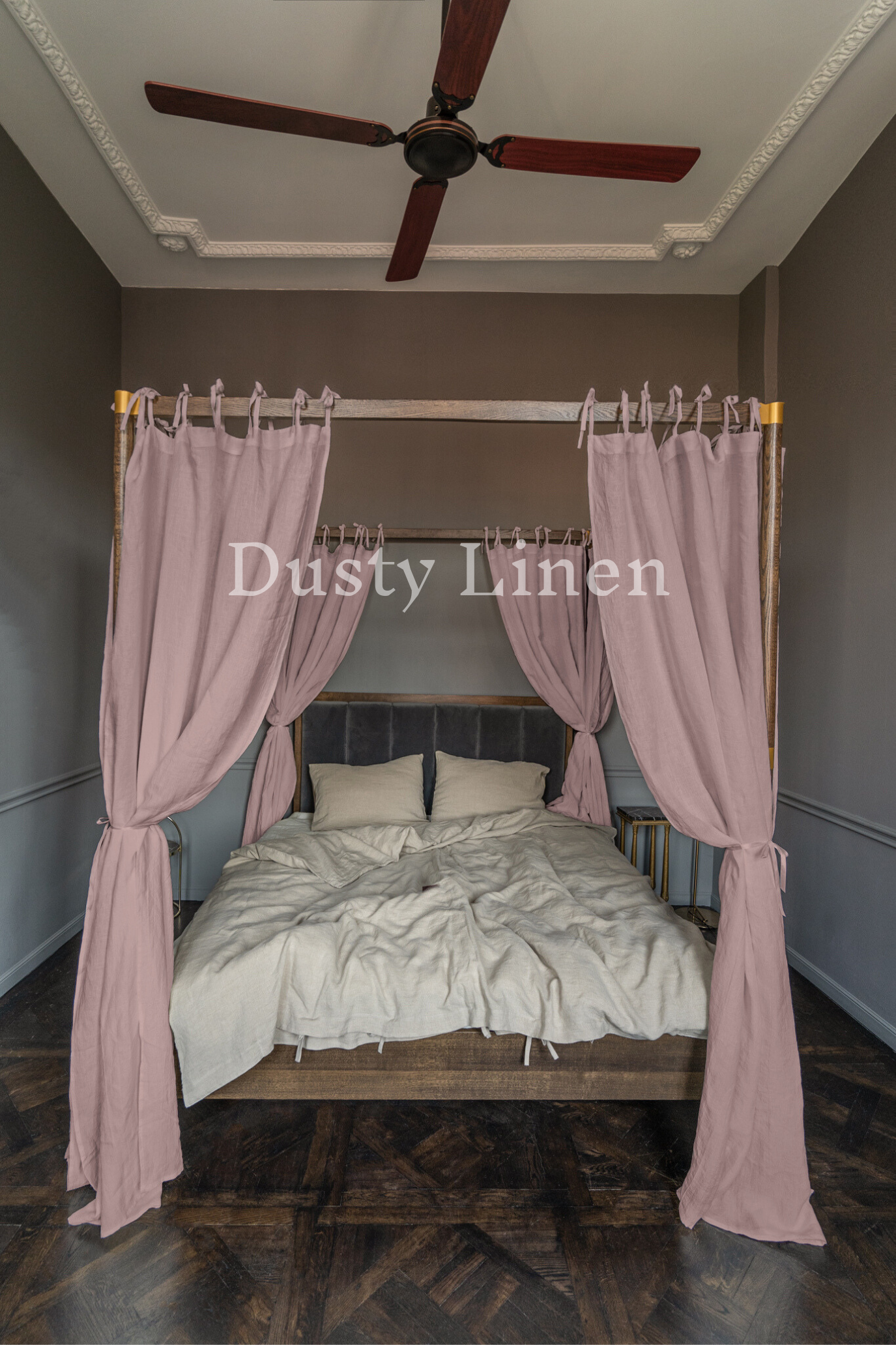 Canopy bed linen curtains with ties in Dusty Rose color-Dusty Linen-#original_alt_text#-
