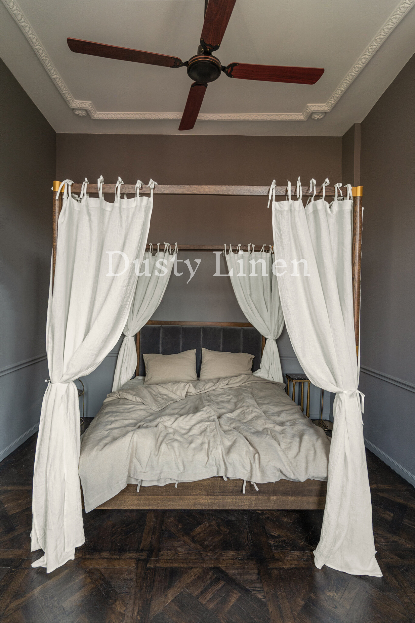 Canopy bed linen curtains with ties in Off White color-Dusty Linen-#original_alt_text#-