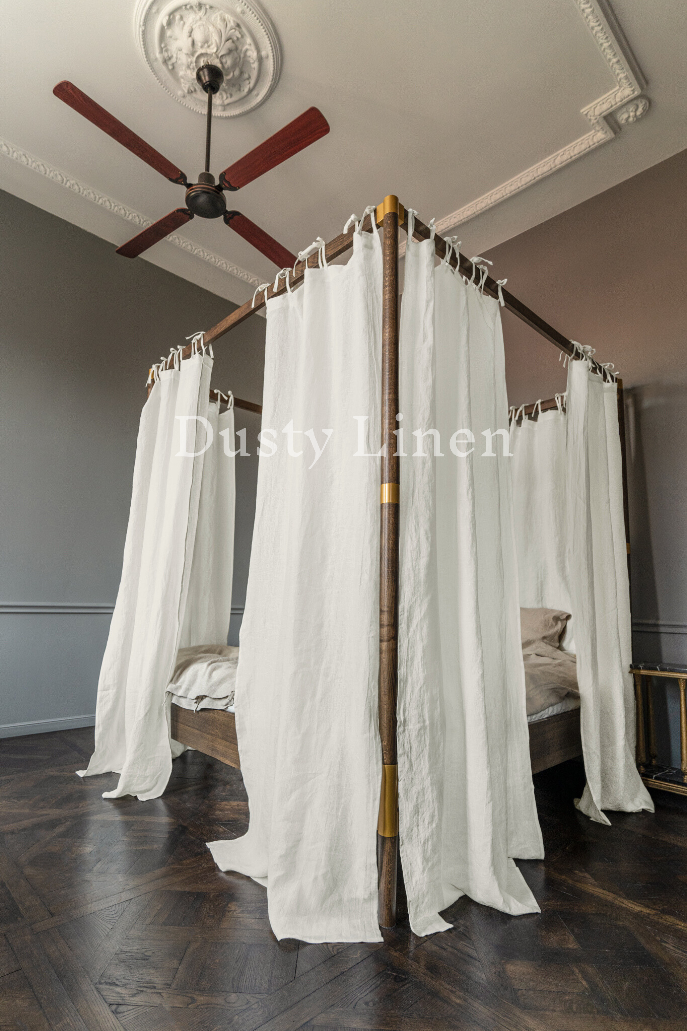 Canopy bed linen curtains with ties in Off White color-Dusty Linen-#original_alt_text#-