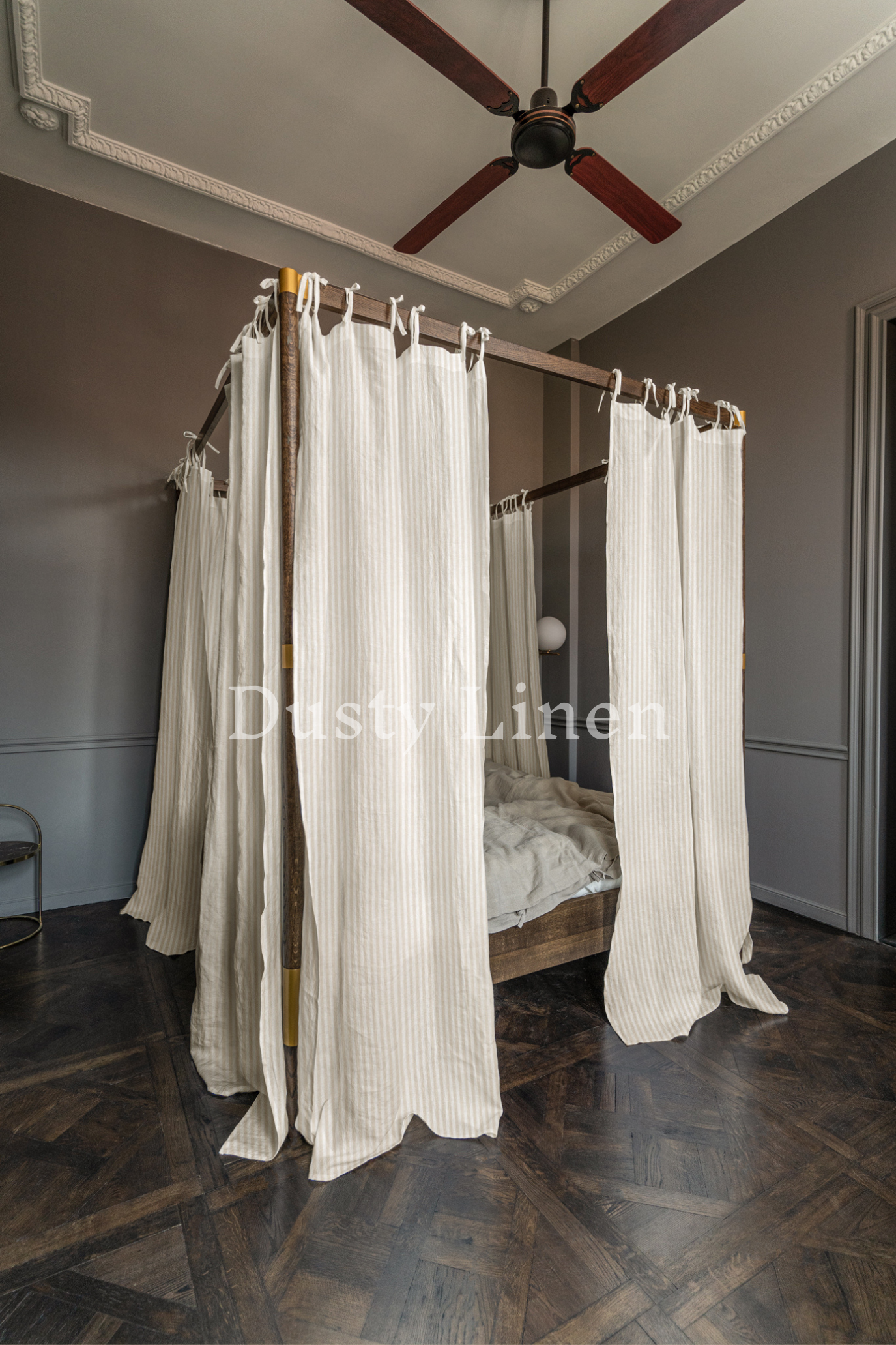 Canopy bed linen curtains with ties in Striped Natural color-Dusty Linen-#original_alt_text#-