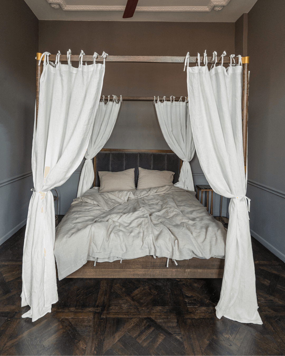 Canopy bed linen curtains with ties in White color-Dusty Linen-#original_alt_text#-