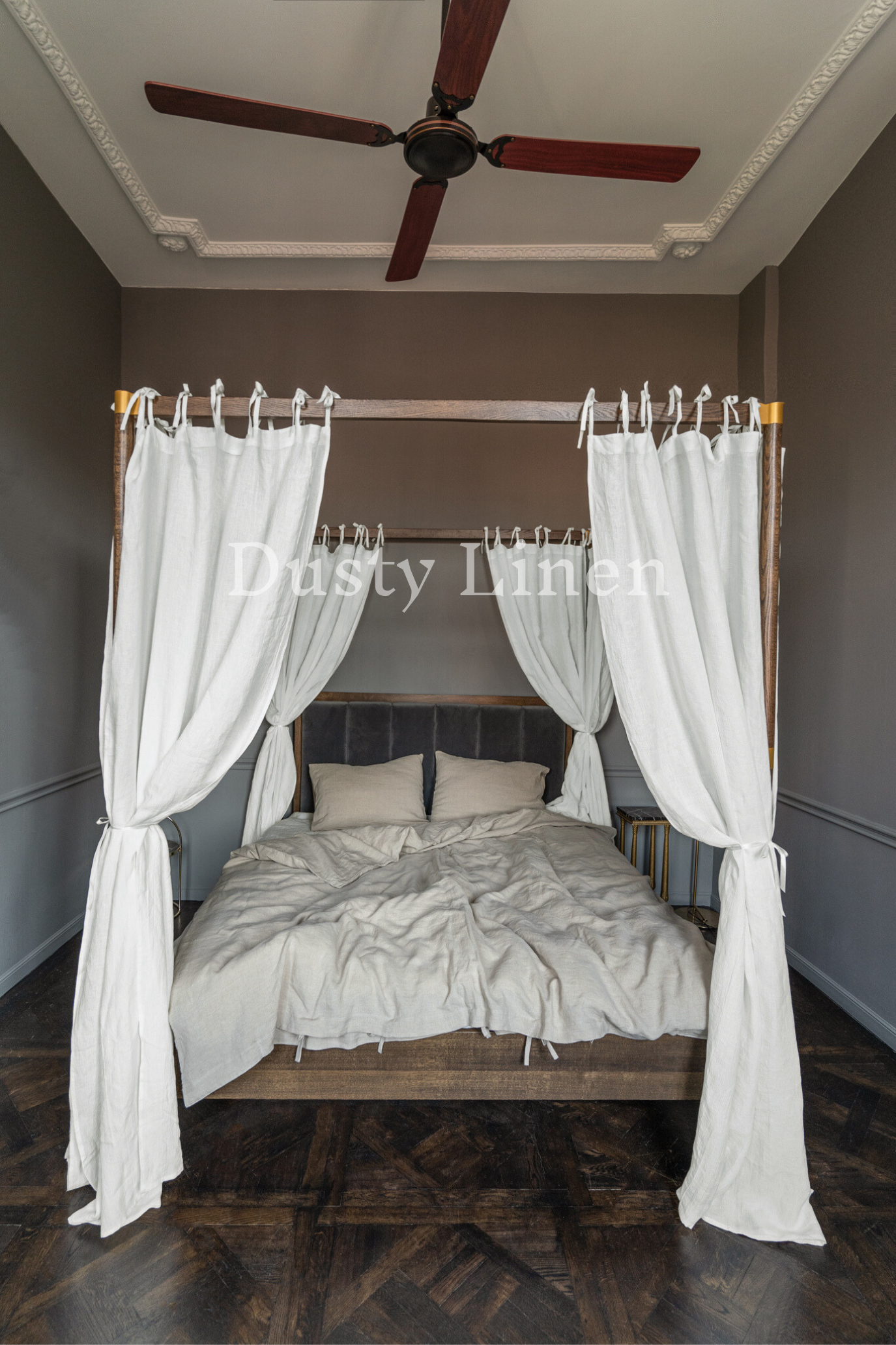 Canopy bed linen curtains with ties in White color-Dusty Linen-#original_alt_text#-