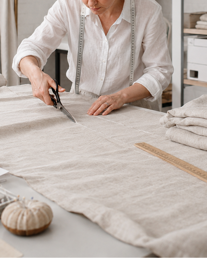 A woman in a white shirt and measuring tape hangs around her neck is cutting light beige linen fabric with scissors at a worktable in a bright, styled craft room.