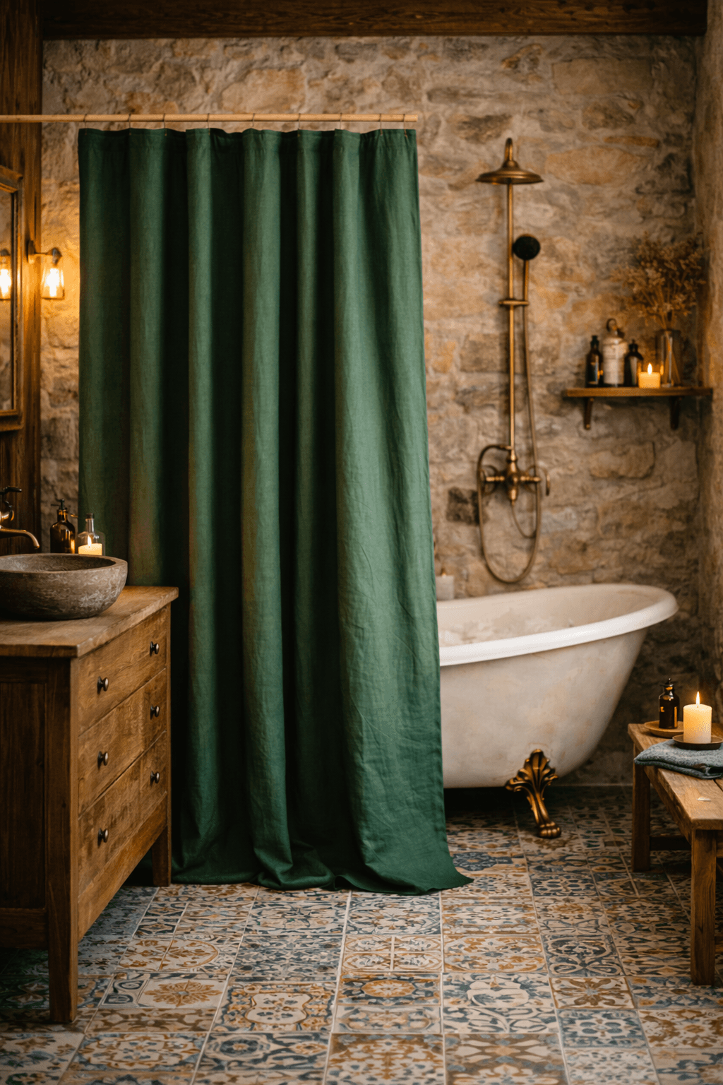 Dark green linen shower curtain styled in a rustic bathroom