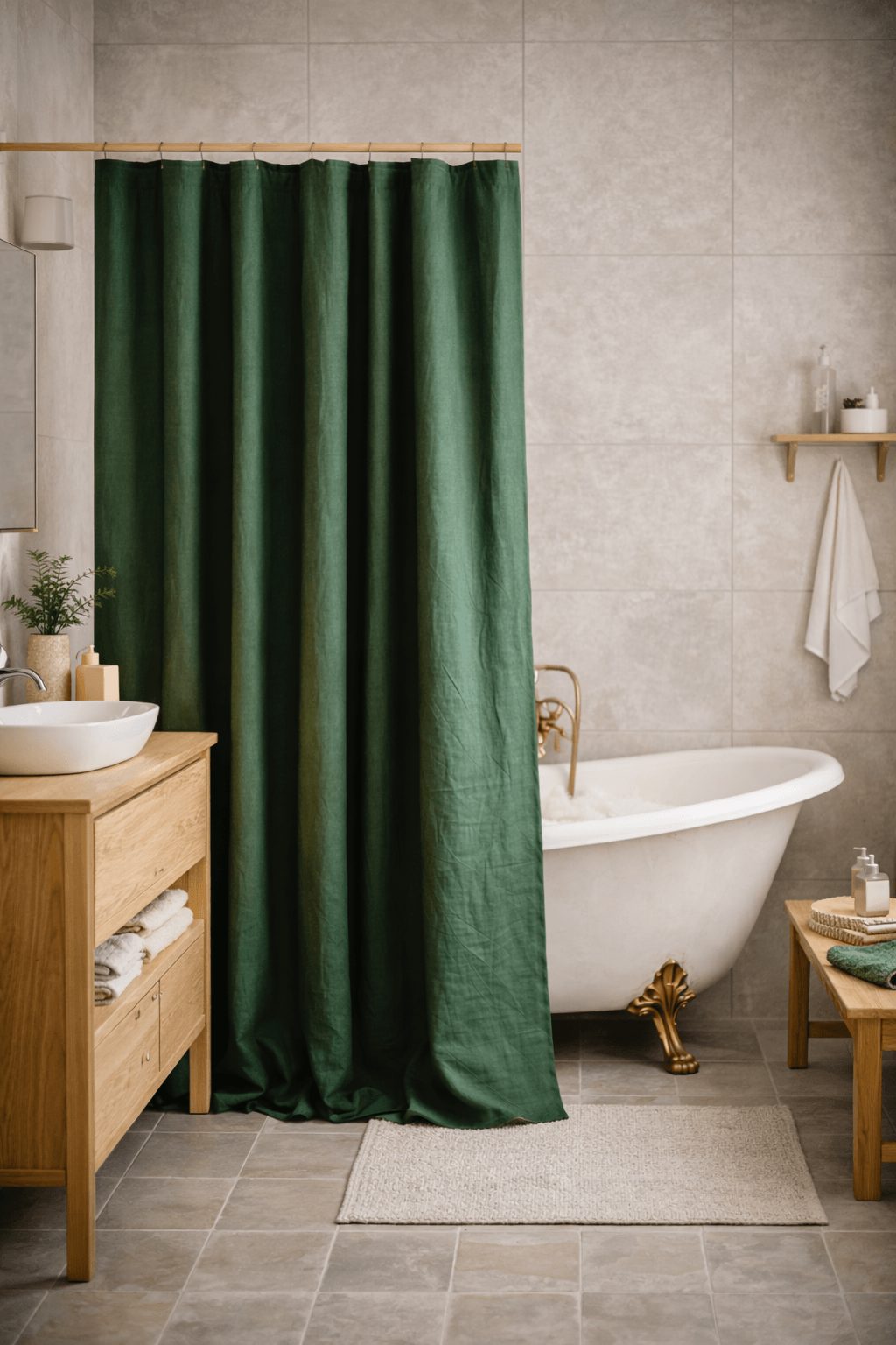 Forest green linen shower curtain in minimalist bathroom interior