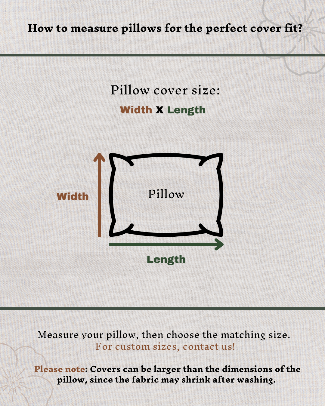 How to measure pillows for the perfect cover fit: width, height, and depth (thickness) — add 1–2 cm for a snug linen pillow cover.